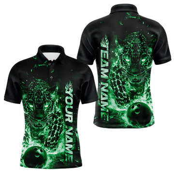 Maxcorners Custom Green Flaming Leopard Men Bowling Shirts, Fire Bowling Team Shirt Bowler Uniform LM2602