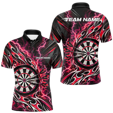 Maxcorners Custom Black And Red Flame And Lightning Dart Team Polo Shirt For Men, Dart Jersey LM1910