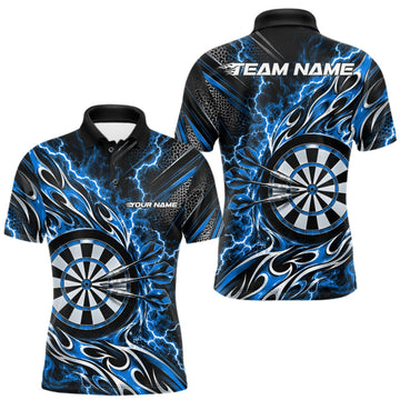 Maxcorners Custom Black And Blue Flame And Lightning Dart Team Polo Shirt For Men, Dart Jersey LM1910