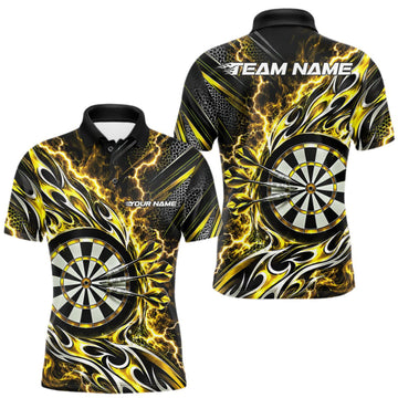 Maxcorners Custom Black And Yellow Flame And Lightning Dart Team Polo Shirt For Men, Dart Jersey LM1910