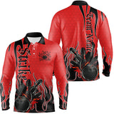 Maxcorners Black And Red Custom Tribal Flame Bowling Shirts For Men, Bowling Team Shirt Bowler Jersey