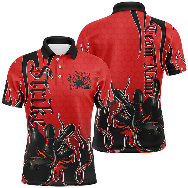 Maxcorners Black And Red Custom Tribal Flame Bowling Shirts For Men, Bowling Team Shirt Bowler Jersey