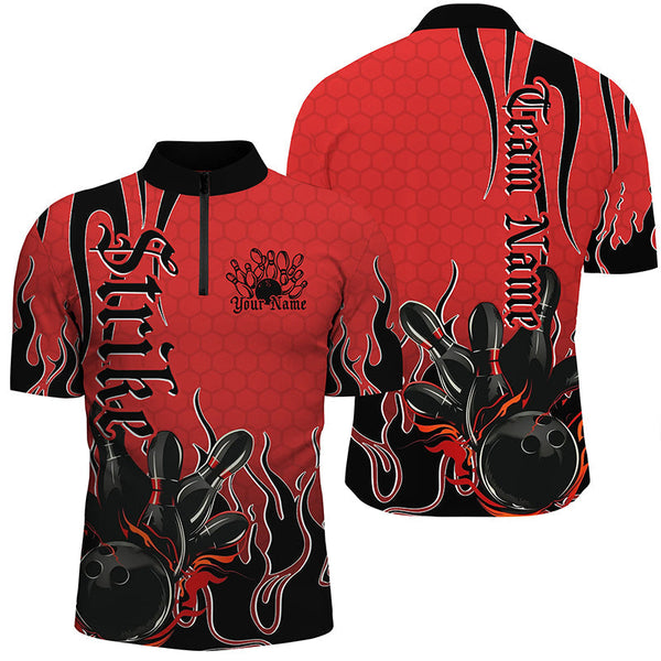 Maxcorners Black And Red Custom Tribal Flame Bowling Shirts For Men, Bowling Team Shirt Bowler Jersey