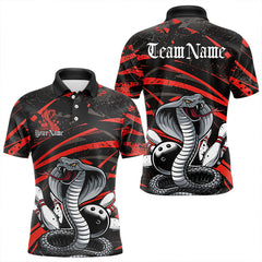Maxcorners Custom Black And Red Cobra Snake Bowling Team Polo Shirts For Men, Bowling League Shirts