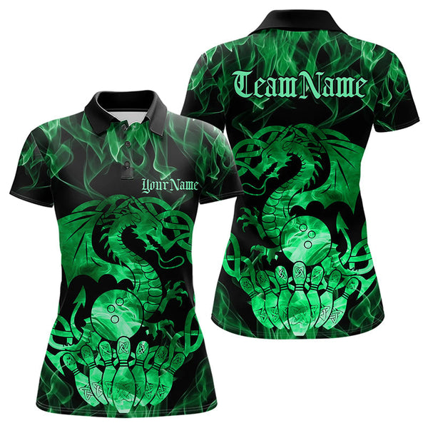 Maxcorners Custom Green Fire Flame Viking Dragon Bowling Men Polo Team Shirts, Celtic Bowling Shirts LM113