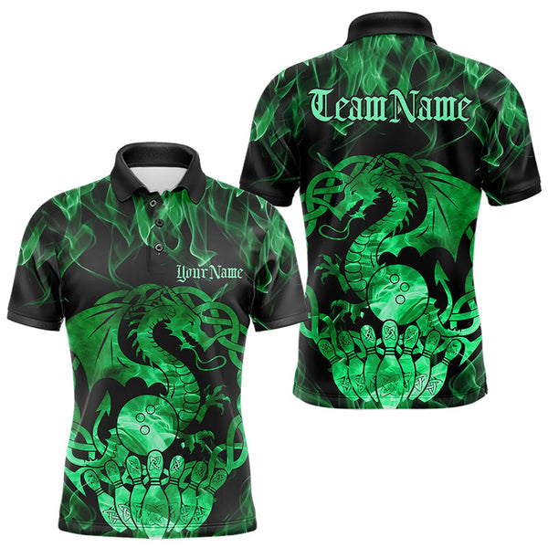 Maxcorners Custom Green Fire Flame Viking Dragon Bowling Men Polo Team Shirts, Celtic Bowling Shirts LM113