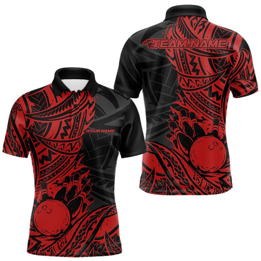 Custom Black And Red Maori Style Koru Spiral Tribal Men Bowling Polo Team Shirt LM1203