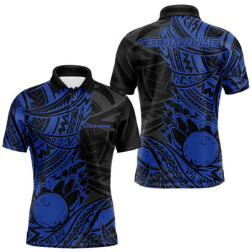Custom Black And Blue Maori Style Koru Spiral Tribal Men Bowling Polo Team Shirt LM1203
