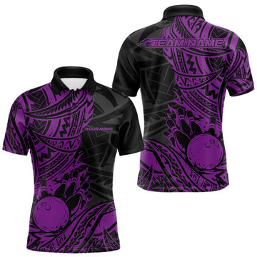 Custom Black And Purple Maori Style Koru Spiral Tribal Men Bowling Polo Team Shirt LM1203