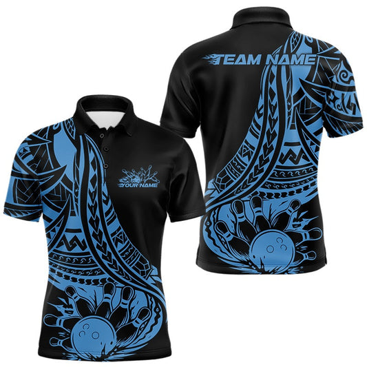 Custom Black And Blue Maori Style Koru Spiral Tribal Men Bowling Polo Team Shirt 3 LM1203