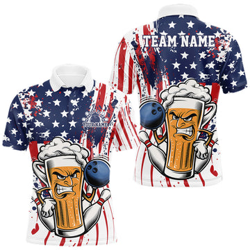 Maxcorners Custom Funny Patriotic Beer Bowling Men Polo Shirt, American Flag Beer Bowling Jersey
