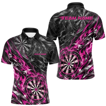 Maxcorners Custom Black And Pink Flame Dart Team Men Polo Shirt, Dart League Jersey LM1910