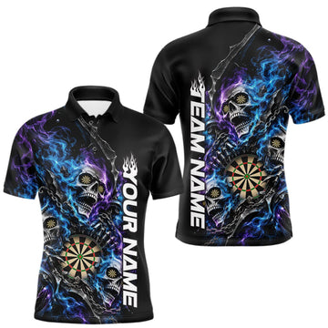 Maxcorners Custom Blue And Purple Flame Skull Dart Team Men Polo Shirt, Dart Halloween Outfit LM1910