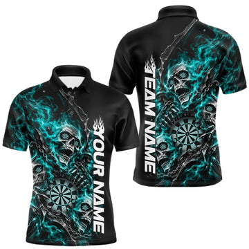 Maxcorners Custom Turquoise Flame Skull Dart Team Men Polo Shirt, Dart Halloween Outfit LM1910