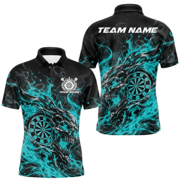 Maxcorners Custom Teal Blue Flame Skull Dart Jersey, Halloween Dart Team Men Polo Shirt LM1910
