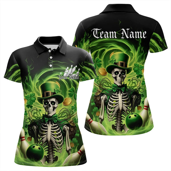 Maxcorners Custom Green St Patricks Day Skull Bowling Polo & Quarter Zip Shirt For Men And Women, Shamrock Bowling Shirt