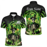 Maxcorners Custom Green St Patricks Day Skull Bowling Polo & Quarter Zip Shirt For Men And Women, Shamrock Bowling Shirt