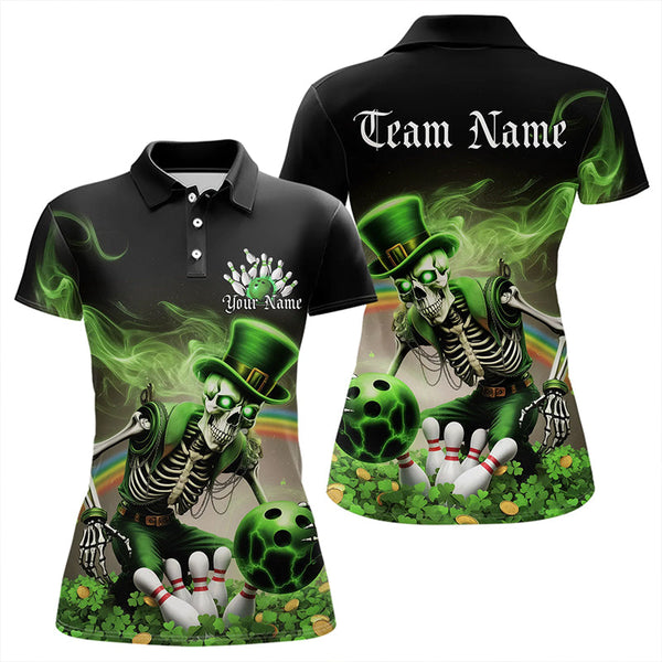 Maxcorners Custom Green Flame Skull Saint Patrick Day Bowling Polo Shirts For Men And Women, Shamrock Bowling