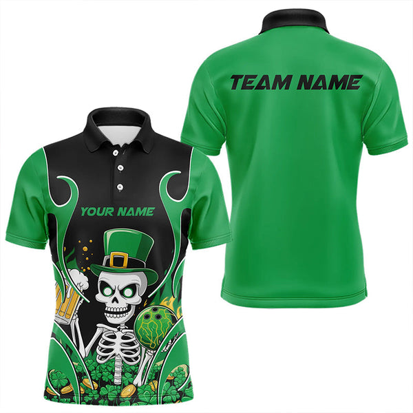 Maxcorners Custom Green St Patricks Day Funny Skull Drink Beer Bowling Polo Shirts For Men And Women