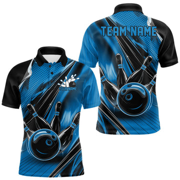Maxcorners Custom Black And Blue Bowling Jerseys For Men, Bowling Team Polo Shirts With Name
