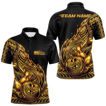 Maxcorners Custom Black And Gold Tribal Flame Bowling Men Polo Shirts, Polynesian Bowler Outfit