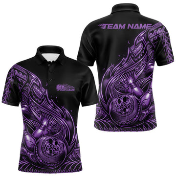 Maxcorners Custom Black And Purple Tribal Flame Bowling Men Polo Shirts, Polynesian Bowler Outfit