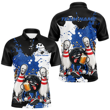 Maxcorners Blue Splatter Drunk Bowling Ball And Pins Custom Funny Bowling Beer Men Polo Shirt