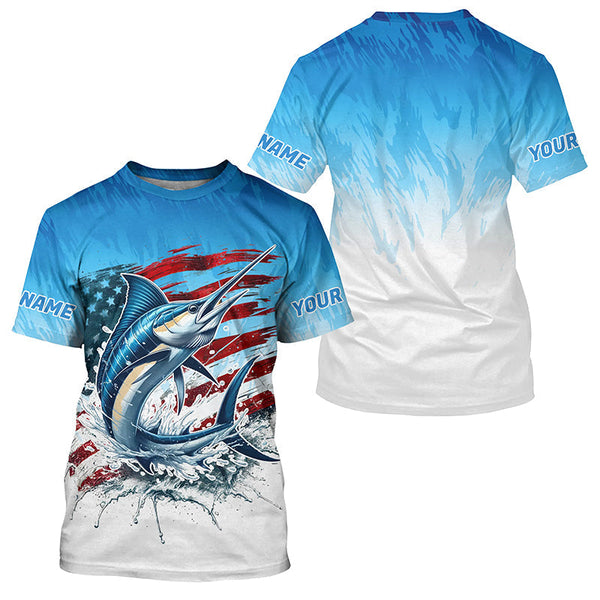 Maxcorners Custom Patriotic Marlin Long Sleeve Fishing Shirts, American Flag Marlin Saltwater Fishing Shirt MT2108