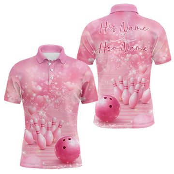 Maxcorners Custom Pink Valentine Bowling Shirts For Couple, Heart Theme Bowling Jerseys With His Name And Her Name LM1501