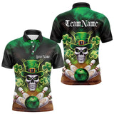 Maxcorners Custom Saint Patricks Day Leprechaun Skull Bowling Polo Shirts, Lucky Bowling Team Shirt