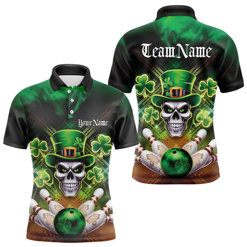 Maxcorners Custom Saint Patricks Day Leprechaun Skull Bowling Polo Shirts, Lucky Bowling Team Shirt