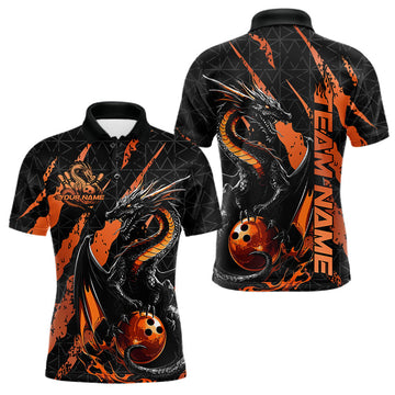 Maxcorners Custom Black And Orange Dragon Bowling Men Polo Shirts, Team Bowling Jerseys LM2602