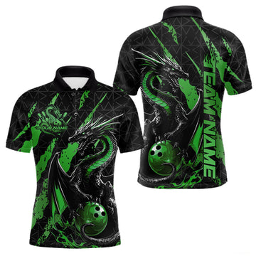 Maxcorners Custom Black And Green Dragon Bowling Men Polo Shirts, Team Bowling Jerseys LM2602
