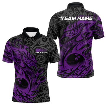 Maxcorners Custom Black And Purple Tribal Polynesian Bowling Team Men Shirts, Niho Mano Bowling Shirt LM2602