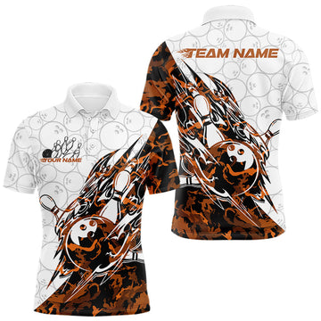 Maxcorners Custom Orange Camo Bowling Men Polo Shirt, Bowling Ball Pattern Team Jerseys