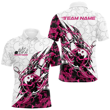 Maxcorners Custom Pink Camo Bowling Men Polo Shirt, Bowling Ball Pattern Team Jerseys