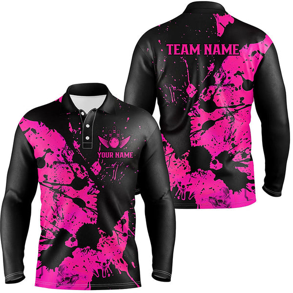 Maxcorners Custom Name Black And Pink Bowling Team Long Sleeve Polo Shirts For Men, Bowling League Jerseys TU2908