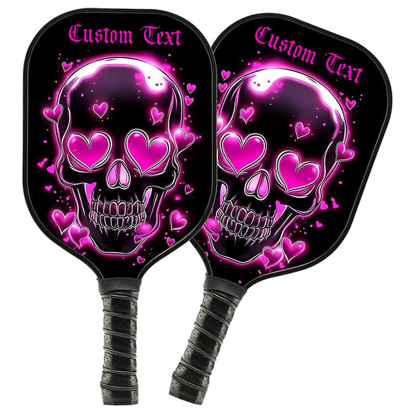 Maxcorners Black And Pink Skull With Hearts Custom Pickleball Paddle For Women, Valentines Halloween Pickleball Gifts