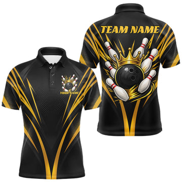 Maxcorners Custom Black And Gold Crown Bowling Men Polo Shirt, Bowling League Team Shirt