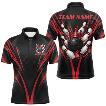 Maxcorners Custom Black And Red Crown Bowling Men Polo Shirt, Bowling League Team Shirt