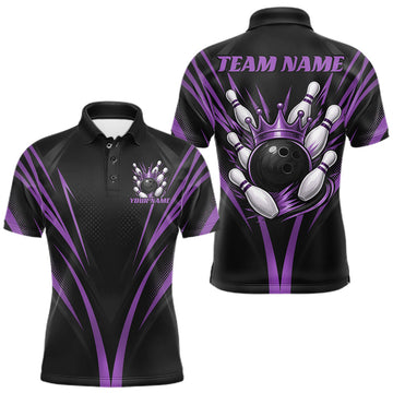 Maxcorners Custom Black And Purple Crown Bowling Men Polo Shirt, Bowling League Team Shirt