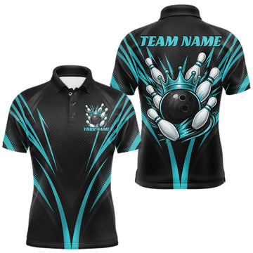 Maxcorners Custom Black And Turquoise Blue Crown Bowling Men Polo Shirt, Bowling League Team Shirt