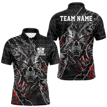 Maxcorners Custom Black And Red Skull Dart Men Polo Shirt, Dart Pattern Halloween Dart Jersey LM1910