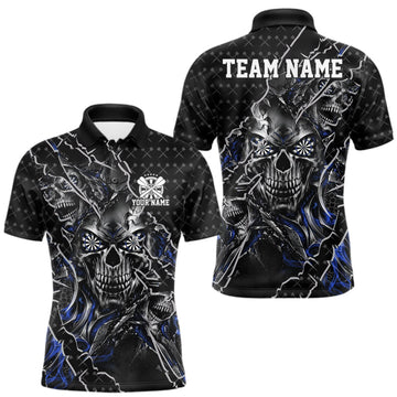 Maxcorners Custom Black And Blue Skull Dart Men Polo Shirt, Dart Pattern Halloween Dart Jersey LM1910