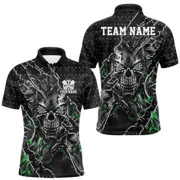 Maxcorners Custom Black And Green Skull Dart Men Polo Shirt, Dart Pattern Halloween Dart Jersey LM1910