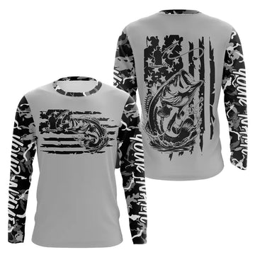 Maxcorners Gray Camo US Flag Custom Patriotic Largemouth Bass Long Sleeve Tournament Fishing Shirt LM0501
