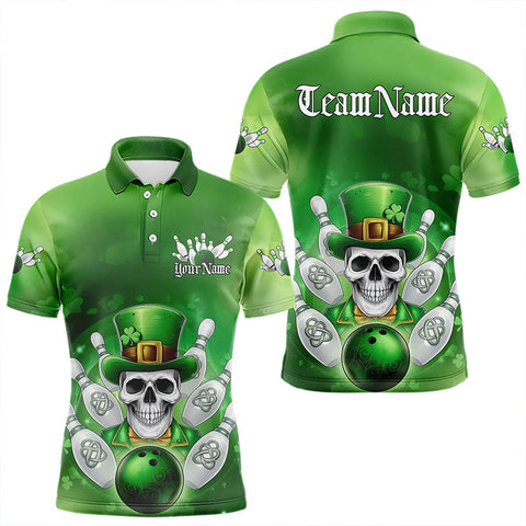 Maxcorners Custom Celtic St Patricks Day Bowling Polo Team Shirts For Men, Shamprock Skull Bowling Shirt