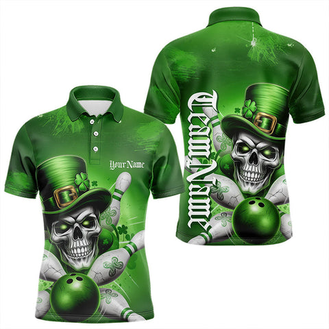 Maxcorners Custom Green Leprechaun Skull St Patricks Day Bowling Polo Shirt For Men, Lucky Bowling Shirt