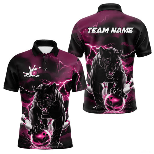 Maxcorners Pink Thunder Lightning Custom Panther Men Bowling Polo Shirts, Panther Bowling Jerseys LM2602