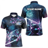 Maxcorners Custom Hexagon Holographic Bowling Team Men Polo Shirts, Galaxy Bowling League Shirt